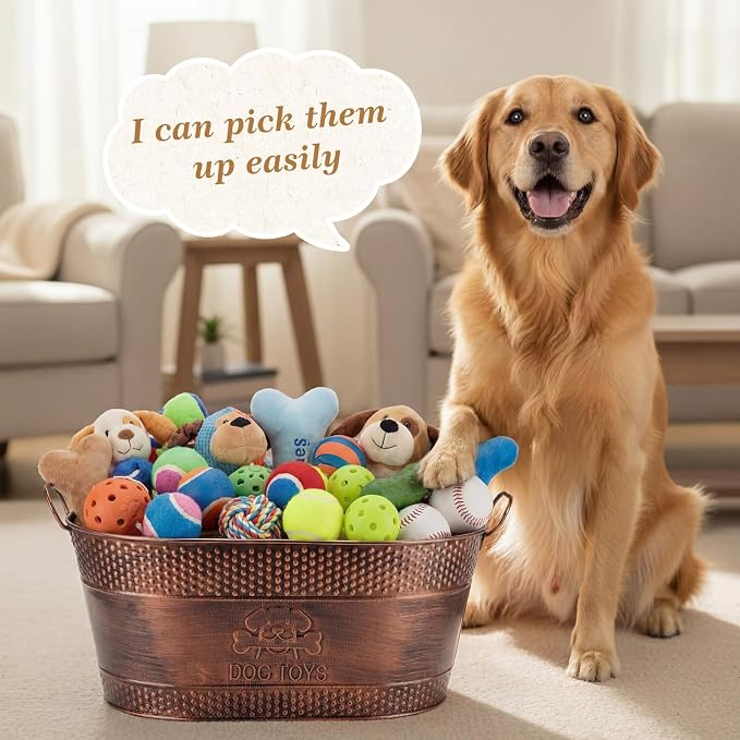 Zonon Metal Dog Toy Storage Bin with Handles 21 Quart Vintage Decorative Basket for Dog Ropes Food Living Room Decor, Galvanized Steel Pet Toy Organizer, 18x11.5x7.5 Inch(Chewing Stick)