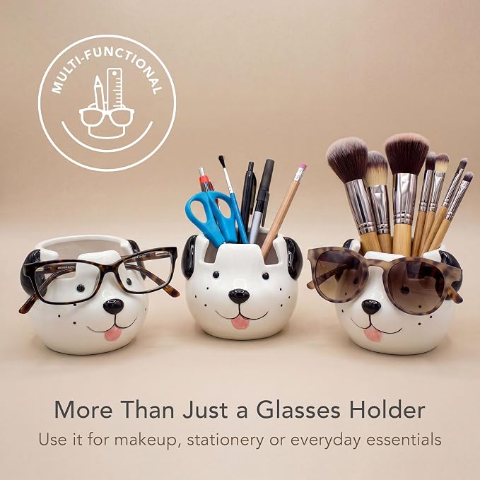 Glasses Holder Stand and Vase - Dog Ceramic Sunglasses and Eyeglasses Stand Gift Display and Decor Organizer for Desk Accessories and Stationery Items (White and Black)