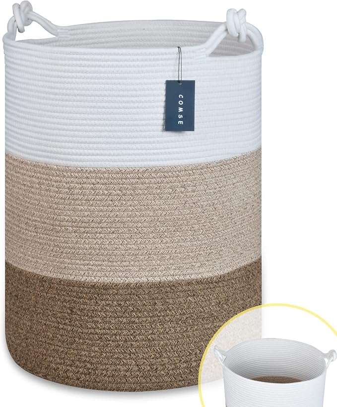 COMSE Tall Woven Blanket & Laundry Basket, 72L, White & Gradient Brown | 15.7”x 21.7”, Cotton Rope, Large Nursery Hamper for Storage of Toys Clothes Towels, Great for Living Rooms Bedrooms Bathrooms