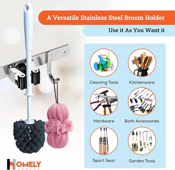 Homely Center Mop and Broom Holder Wall Mount – Heavy-Duty Closet Organizer for Garage, Kitchen, Laundry Organization – Tool Hanger with 3 racks and 4 hooks