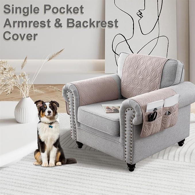 Waterproof Armrest Chair Covers with 6 Side Pocket 1 2 3 Seater Anti-Slip Chair Headrest Cover Armchair Slipcover Washable Protector for Pets Leather Sofa Couch (Khaki,1 Seater 3PCS)