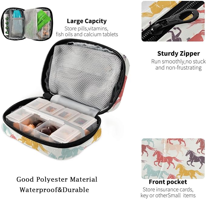 Fustylead Colorful Galloping Horses Silhouette Pill Organizer for Purse, Weekly Portable Pill Box with Zipper to Storage Vitamins Fish Oils Medications Supplements