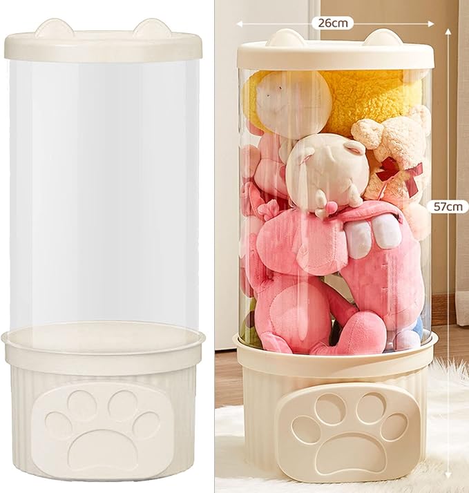 Transparent Toy Storage Container with Lid, PET Cylinder Plush Toy Organizer for Home Organization, Display Bucket (White)