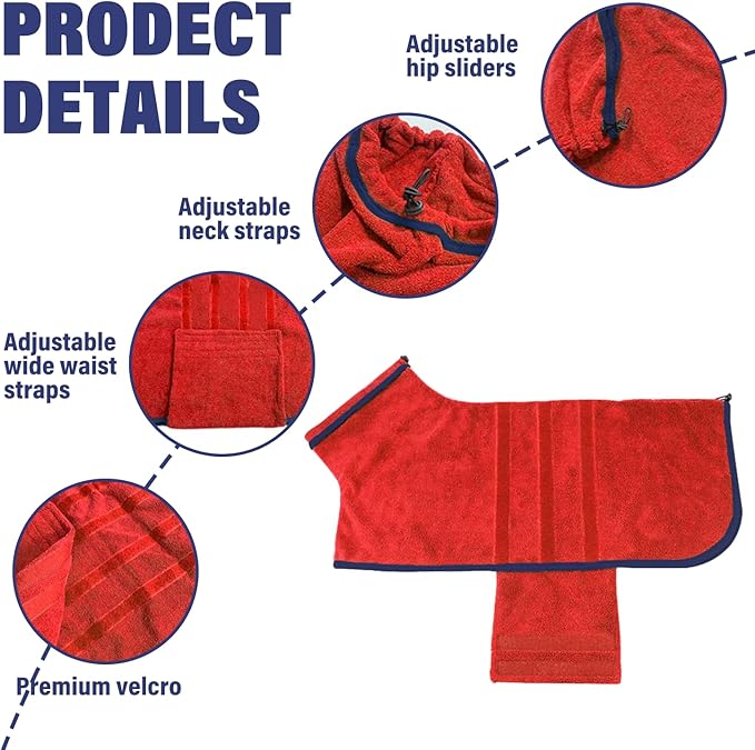 Dog Drying Coat - Fast Drying Dog Towel Robe - Microfiber Super Absorbent Pet Bathrobe, Adjustable Collar Fast Drying Coat Pet Dog Cat Bath Robe Towel (X-Large, Red)