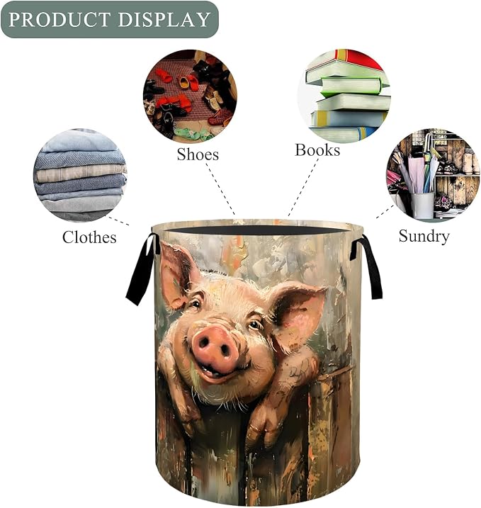 Smiling Pig Laundry Basket Hamper, Organizer Bins Gifts for Women Kids, Farm Animal Foldable Waterproof Clothes Hamper Handles Storage Bucket for Bedroom Bathroom Room Decor 19.7"x15.7"