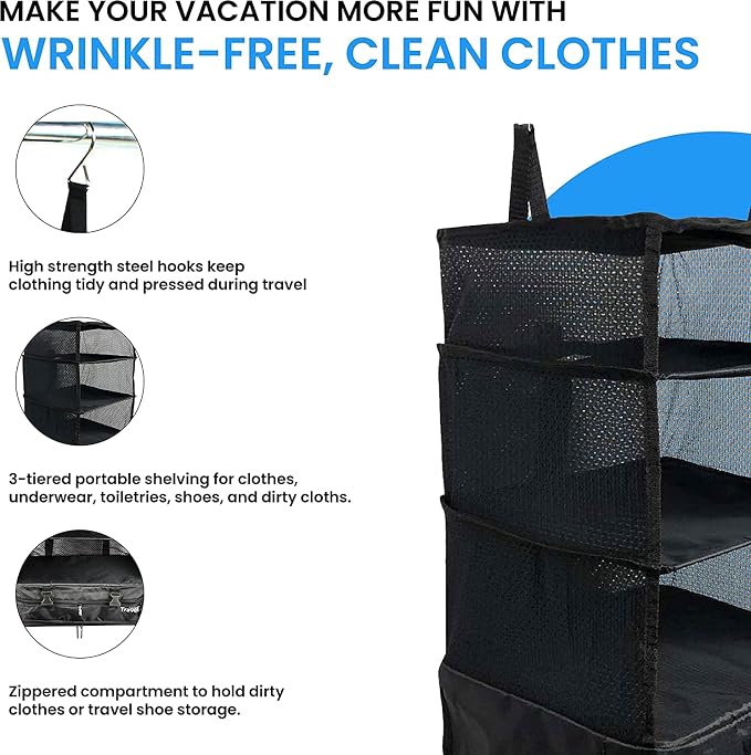 Stow-N-Go Hanging Travel Shelves, Packing Organizer for Luggage. Carry on Closet for Suitcase. Expandable Packing Cube. Travel Essentials. (Black - XL, XL = (L) 17.7" x (W) 11.8")
