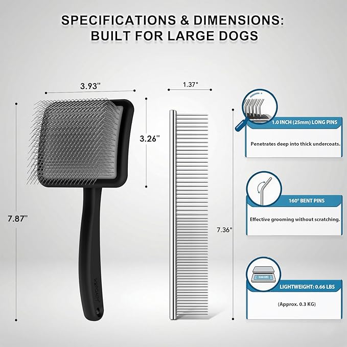 Large Slicker Brush for Dogs, 4-in-1 Extra Long Pins Dematting Dog Brush Grooming with Doodles Goldendoodles & Poodles, Deshedding Brush Set Cleaning Tool for Thick Double Coats,Black