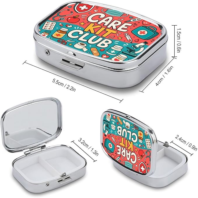 Care Kit Club Doodle Collage Two Compartment Pill Box Medicine Organizer, Portable Pill Case with Secure Snap Closure for Vitamins Medication Supplements Daily Use