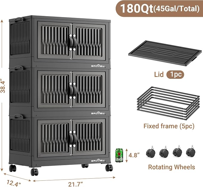 BROVIEW 180Qt Stackable Storage Bins with Lid for Home Dorm, 3Pack Black | Closet Organizers, Foldable & Collapsible Cabinets, Large Containers, Wheels & Magnetic Doors, Plastic Drawers for School
