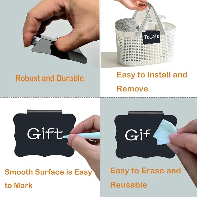 Reusable Storage Bin Labels - Clip On Closet & Basket Holder with 2 White Chalk Labels