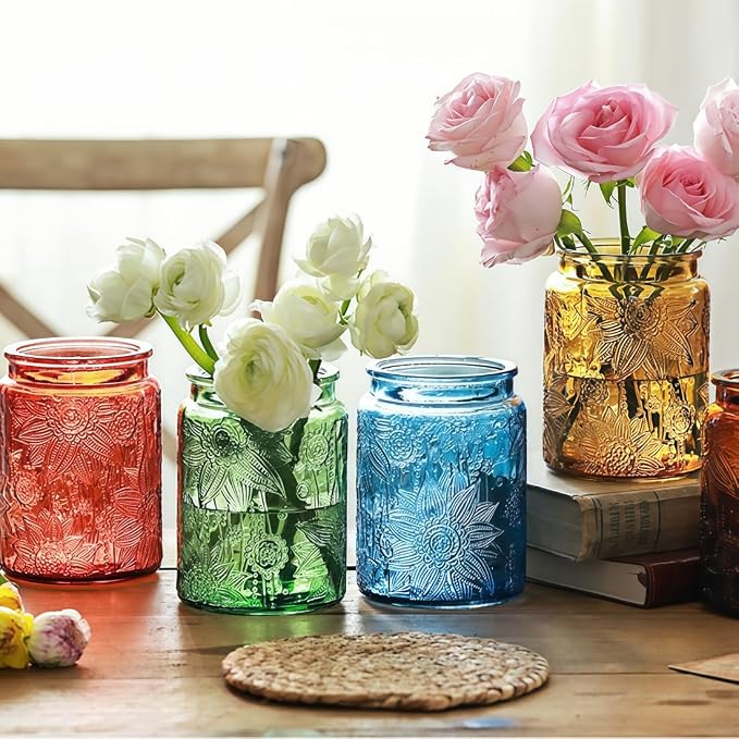 2 Pack Vintage Glass Storage Jars, 23.7 oz Green & Blue Sunflower Canisters | Airtight lids, kitchen organization, coffee beans, tea, sugar, candy, oatmeal, flour, cookies, pet treats, laundry detergent