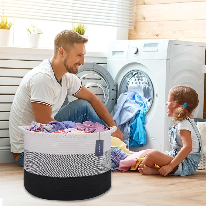 COMSE XXXLarge Woven Blanket & Laundry Basket, 87L, White &Gray &Black | 21.7"x 13.8", Cotton Rope, Nursery Hamper for Storage of Toys, Clothes & Towels, Ideal for Living Rooms, Bedrooms & Bathrooms