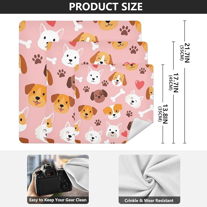 Emelivor Pets Dogs Pink Pattern Self-Adhesive Magic Cloth Makeup Bag Foldable Cosmetic Bag for Travelling Protector Wrapper for Camera Travel Organizer for Cosmetics Electronics, 13.8x13.8in