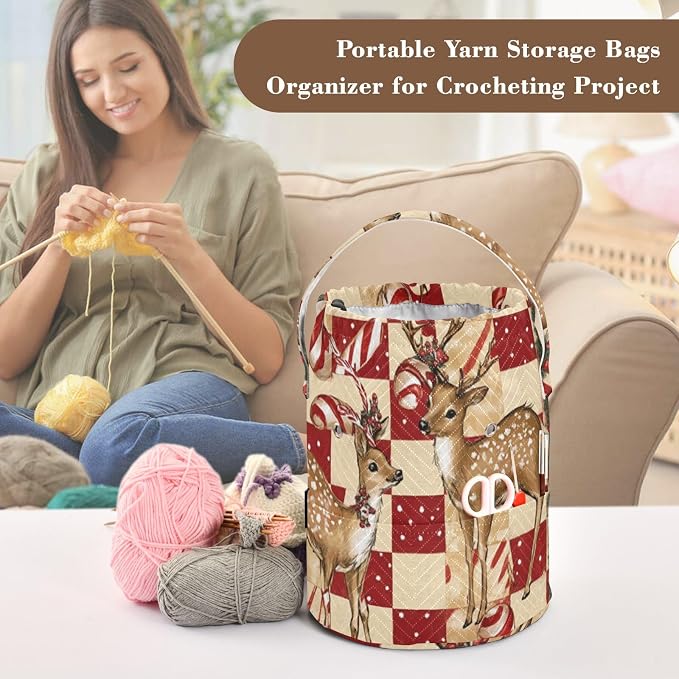 Tatenale Crochet Bag Yarn Bag Knitting Project Bag with Pockets and Handle Portable Yarn Storage Organizer Tangle Free 8.3x11 InchChristmas Deers Checkered Red Candy Canes41