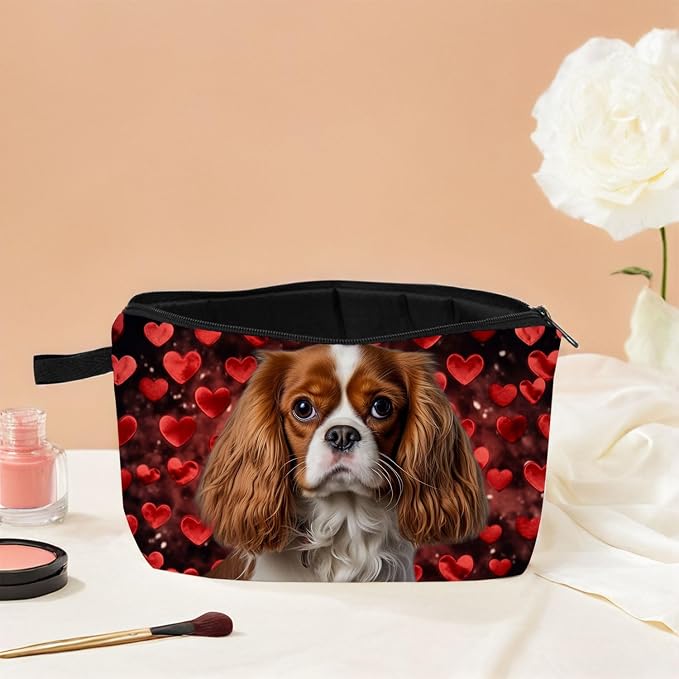Cavalier King Charles Spaniel Makeup Bag Red Heart Background Adorable Dog Print Cosmetic Pouch for Dog Lovers Travel Toiletry Organizer Gift for Pet Enthusiasts