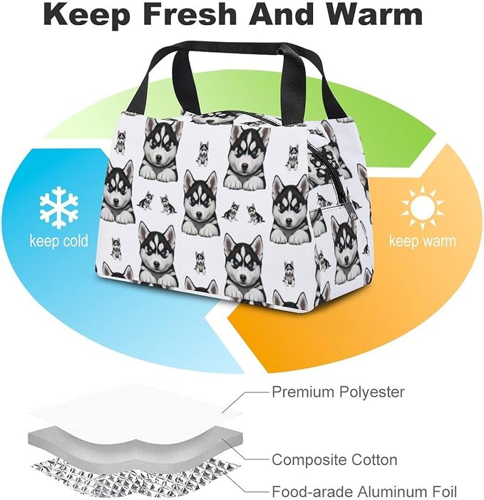 Insulated Lunch Bag with Smooth Zipper, Husky Dog Printing | Novelty, Lightweight Handheld Cooler Tote, Leakproof Snack Bags, for Work Picnics Climbing