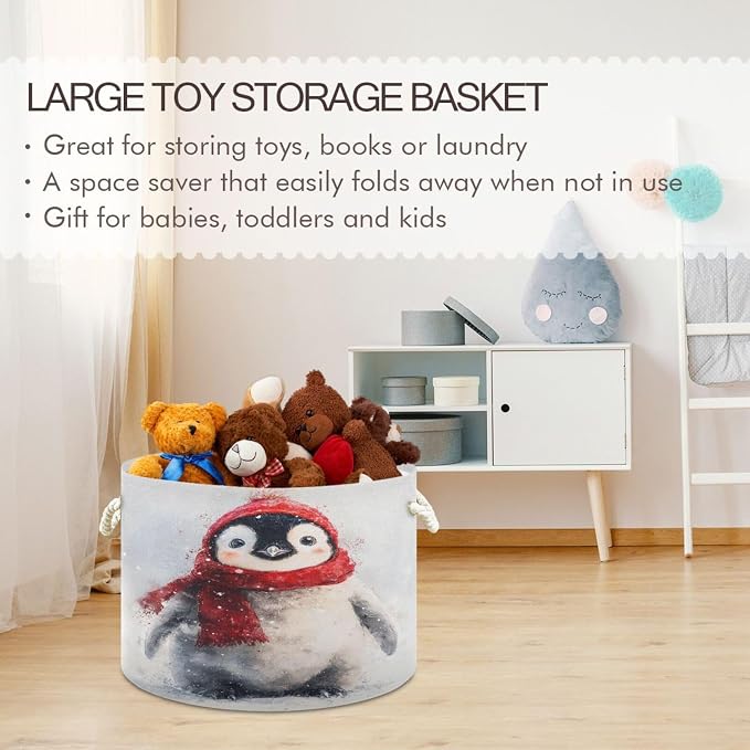 DOMIKING Large Storage Basket for Toys Christmas Penguin White Pattern Storage Bin Box Kids Laundry Hamper for Nursery Laundry Hamper Books Home Decor