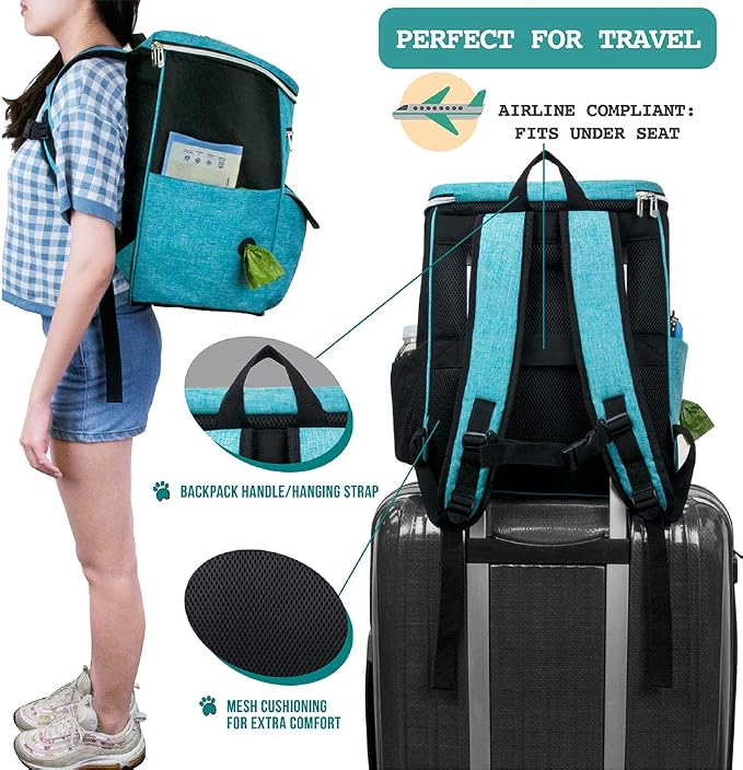 PetAmi Dog Travel Backpack 27L Airline Approved Pet Supplies Bag, Teal Blue | Cat Traveling Suitcase Organizer for Weekend Road Trip Camping; 2 Food Containers, 2 Collapsible Bowls & Poop Bag Dispenser