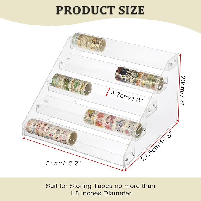BTSKY 5 Tier Washi Tape Organizer - Clear Plastic Washi Tape Storage Rack, Assembly Washi Tape Storage Holder Washi Tape Dispenser Desk Accessories Display Caddy for Scrapbooking Art Craft Supplies