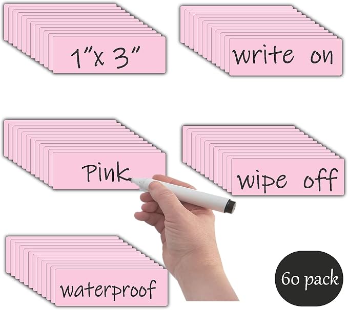 Magnetic Dry Erase Magnets Labels(1x3,Pack of 60),Organizing Schedules in Office/Classroom.Reusable Name Tags on Fridge/White Board,Pastel Colors(Light Pink)