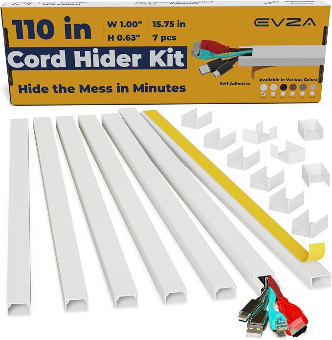 Cord Hider for Wall Mounted TV - Fits 3-4 Cables, 110in Paintable Cable Concealer Kit, Self-Adhesive Wire Cover Channel, Cable Raceway Wire Hider for Power Cords, 7X L15.7in X W1.00in X H0.63in, White