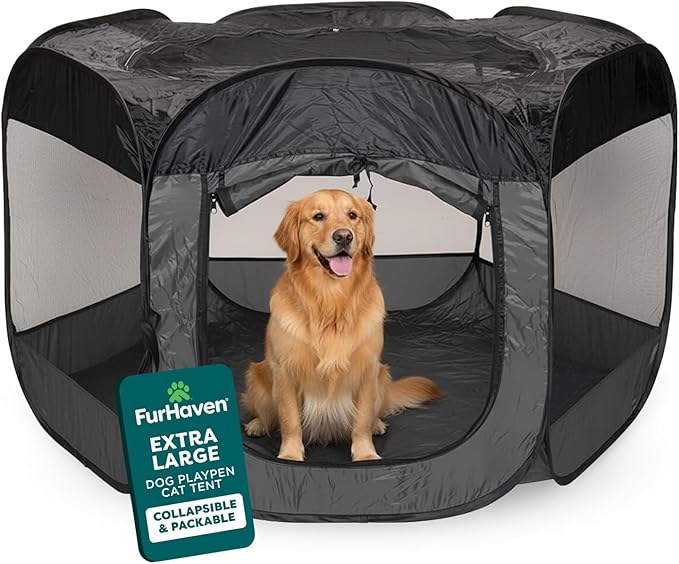 FurHaven Soft-Sided Dog & Cat Playpen, Portable Foldable Indoor & Outdoor Pet Playpen with Mesh Windows & Zippered Door, Gray, Extra Large
