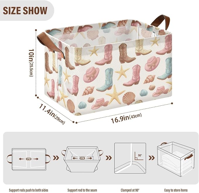 Retro Rodeo Boots and Starfishes Storage Basket Foldable Cube Storage Bins with Handles&Label Waterproof Organizer Box Bin Large Rectangle Decorative Baskets for Shelves Home Room Laundry
