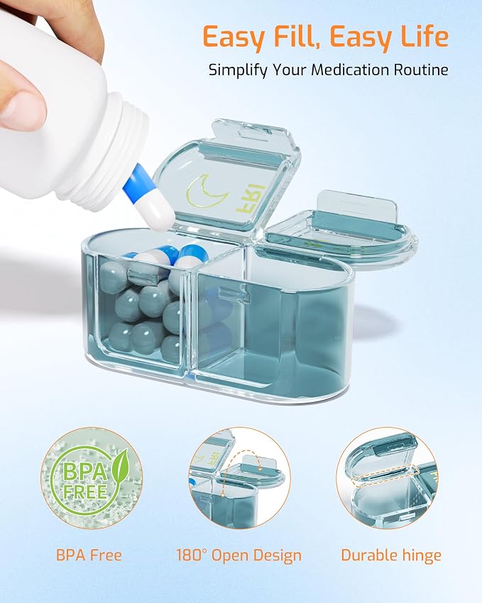 Daviky Pill Organizer 2 Times a Day, AM PM Pill Organizer Box Weekly 7 Day | Portable Travel Pill Organizer, Cute & Compact, Easy-Open Large Compartments, Reusable for Pills, Vitamins & Supplements