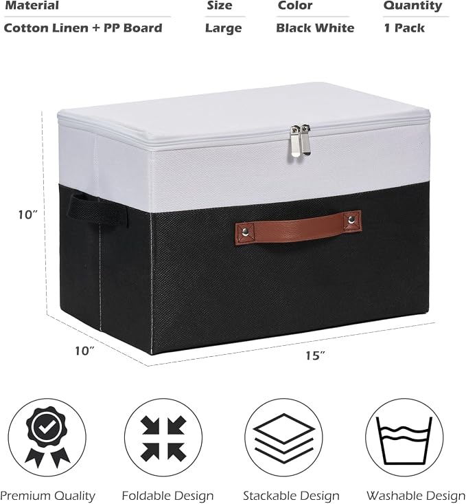 Storage Bins with Zipper Lids Decorative Lidded Baskets Boxes | Clothes Container, Closet Shelf Organizer, Foldable Washable, Cotton Linen Fabric, w/ PU Leather Handles, Black White, Large