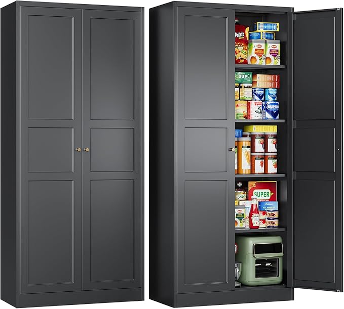 Black Storage Cabinet with Adjustable Shelves-Metal Home Kitchen Pantry Cabinets with Doors,Organization Locker for Cupboard/Bedroom/Dining/Living/Bathroom/Office/Garage Room