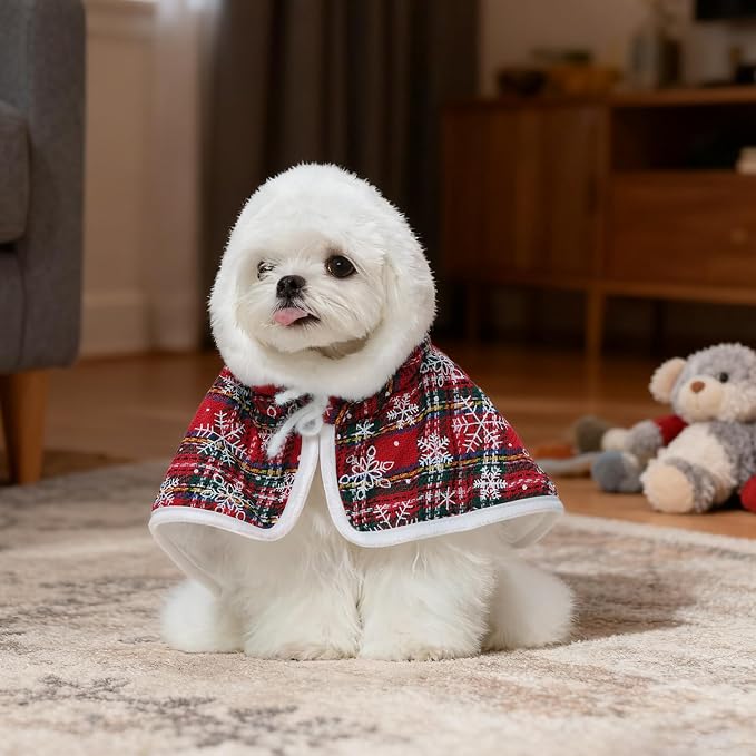 Dog Christmas Cape, Thermal Christmas Cloak, Xmas Costume | Thermal Lingnings, Christmas Yard Play, Freezing Morning Potty, Quick-Dress, Xmas Photo Shoots, Red Snowflakes XL