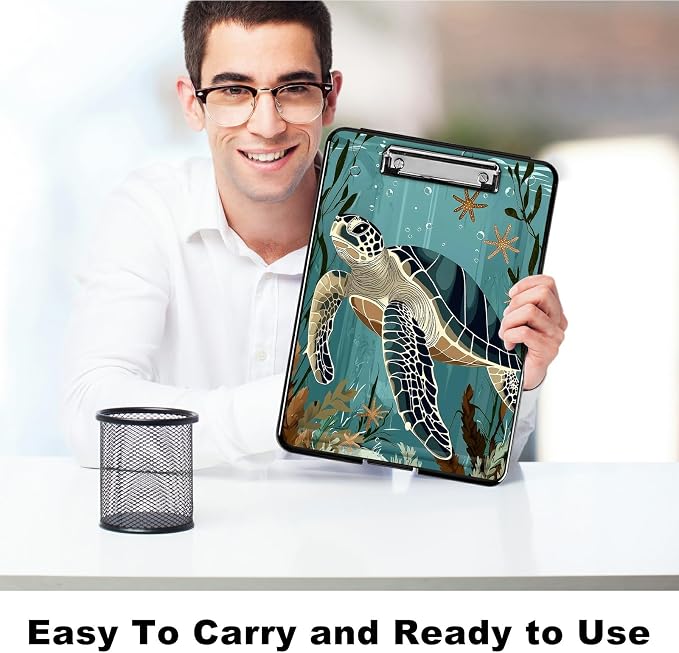 Heavy Duty Storage Clipboard, Slim Nursing Clipboard with Internal Pen Case, Portable File Organizer Case for A4 Letter Size Paper Office Medical Professionals, Retro Turtle Ocean