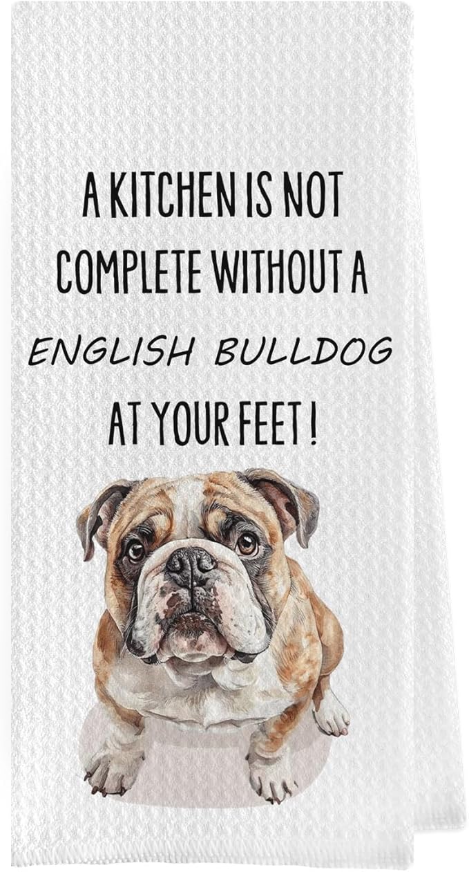 English Bulldog Dish Towels - Funny English Bulldog Decorative Waffle Weave Kitchen Towels, Hand Tea Towel (16×24 Inches)