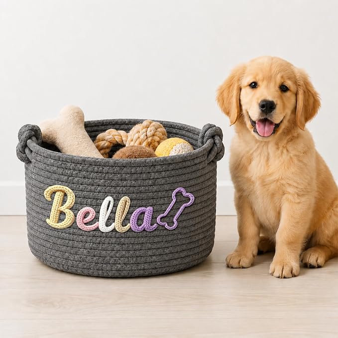 Personalized Dog Cat Toy Basket with Name, Custom Pet Storage Bin | for Puppies, Kittens, Dog Moms and Pet Owners; Organize Toys, Treats, Leashes and Blankets in Living Rooms or Pet Corners