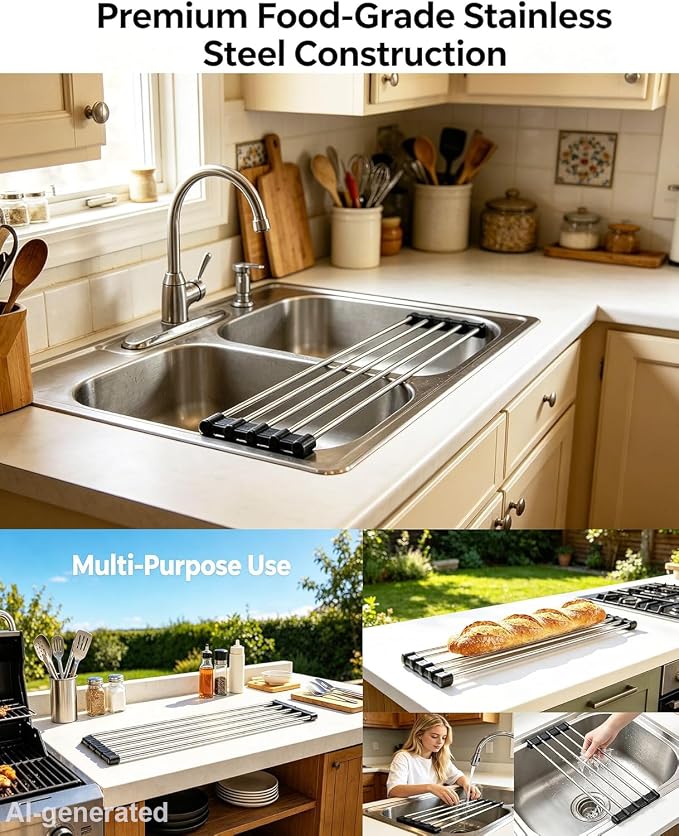 Ahyuan Roll up Dish Drying Rack Over The Sink Kitchen Roll up Sink Drying Rack Portable Dish Drainer Foldable Dish Drying Rack (Black, 17.8''X3.7'')