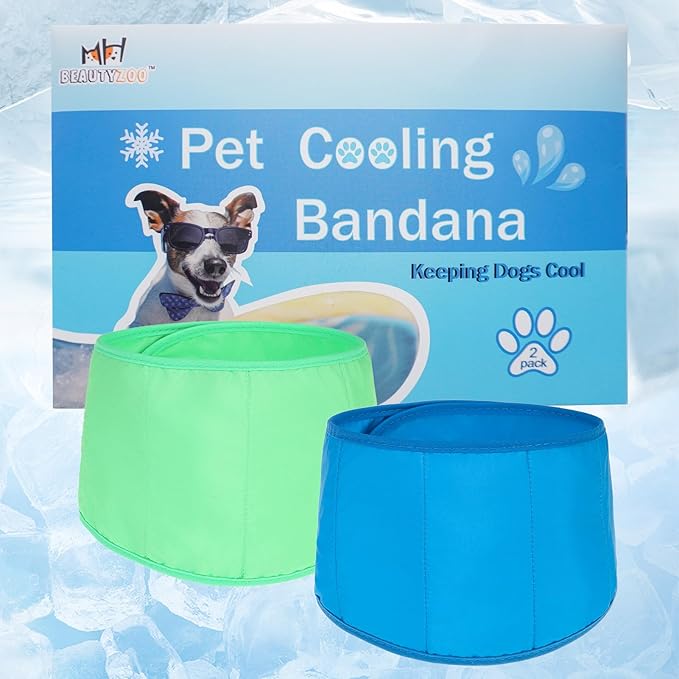 BEAUTYZOO Dog Cooling Bandana for Small Dogs, Instant Chill Out Ice Scarf Pet Bandanas, 2 Pack Adjustable Neck Wrap Cooler,Heat Relief Outdoor Camping Training,Green Blue M