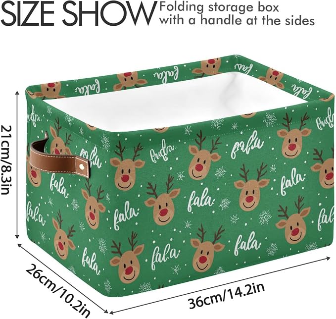 Green Christmas Reindeer Storage Basket with Waterproof Liner and PU Handles Winter Snowflake Xmas Storage Bins Boxes 14.2" Collapsible Decorative Organizer Baskets for Bedroom Closet Office 2 Pack