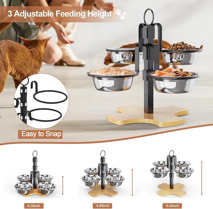 Elevated Cat Bowls 3 Adjustable Height 4 Stainless Steel Cats&Dogs | Pet Elevated Raised Cat Food and Water Bowls 3 Adjustable Heights 4 Stainless Steel Bowls for Indoor Cats Small Dogs