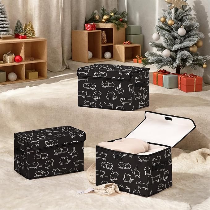Stackable Clothes Storage Bins with Lids 3 Pack. | Closet Organizers Fabric Cat Printing Box for Home and Office,Blanket Clothes Organizers,Under Bed Storage Containers