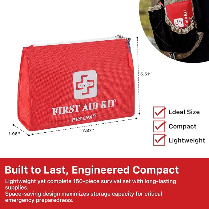 150 Piece Small First Aid Kit Portable Emergency Bag Compact Medical Kit | Mini Waterproof First Aid Bag with Foil Blanket Ready for Emergency Home Camping Travel Sports Office Outdoor Car School