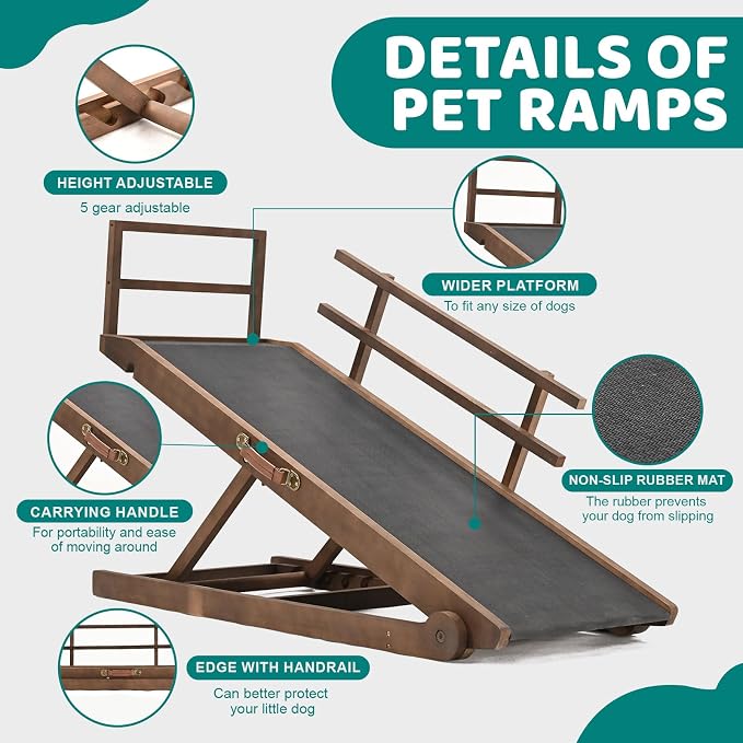 Dog Ramp for Bed & Couch, Foldable Wooden Pet Ramp, 5 Adjustable Heights | Height up to 23.5", Portable Dog Ramp with Non-Slip Rubber Surface & Safety Railings, Pet Ramp for Small, Large, Senior Dogs