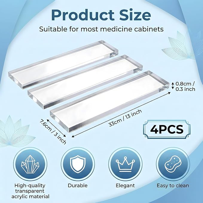4 Pcs Medicine Cabinet Replacement Shelves, 13 Inch Acrylic Cabinets Shelves Wall-Mounted Medicine Cabinet Shelves for Bathroom Kitchen Living Room Cabinets