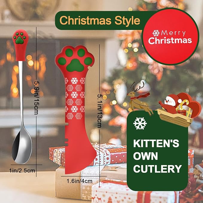 SJANE 4 Pcs Christmas Style Cat Food Can Spoon & Can Covers | Cute Paw Silicone Pet Food Tin Opener Spatula & Lids | Stainless Steel Wet Foodstuff Spoon for Cats and Dogs(Christmas Red)