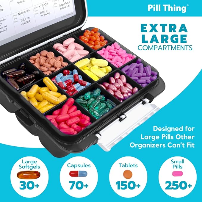 Extra Large Pill Organizer (12 Compartments) – Airtight Waterproof Travel Pill Case – Holds Large Vitamins & Daily Medications – Medication Map & Secure Lock Design (Black, 1 Pack)