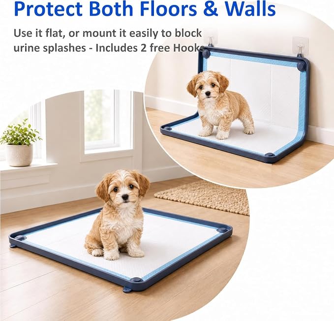 Silicone Dog Pee Pad Holder, 24×24 in, for Small Dogs Under 10 lb, 2-in-1 Flat/Wall-Mount Design, Non-Slip Anti-Splash with Corner Snap Locks, Deep Gray
