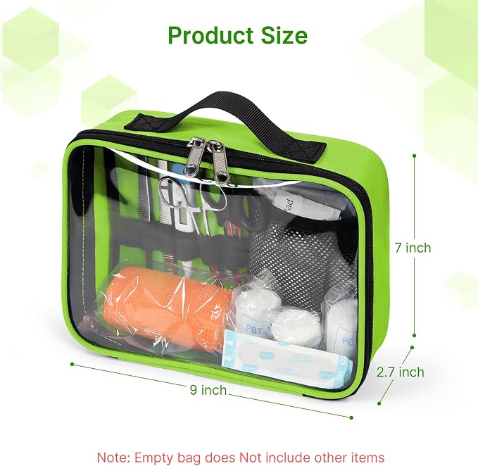 Empty First Aid Bag Clear PVC Waterproof Organizer Pouch Zipper Colored First Aid Kit for EMT Outdoor Travel (Green)