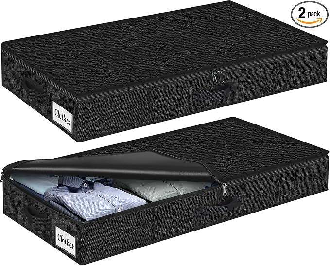 Under Bed Storage Container Bins 2 Pack, 4 Inch Thin Low Profile Underbed Clothes Storage Organizer for Dorm & Home, Use for Blanket and Toy Storage Box W/ Sturdy Bottom/Sides, Foldable Thick Fabric