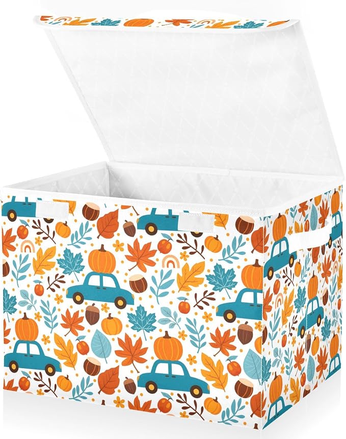senya Thanksgiving Storage Baskets Collapsible Storage Bins with Lids, Thanksgiving Fall Maple Leaves Truck Pumpkins Storage Boxes Clothes Baskets for Organizing