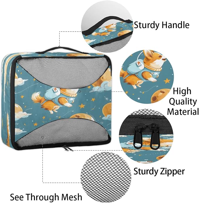 Packing Cubes for Travel, Universe Space Travel Luggage Packing Organizers for Women Men, Large Custom Toiletries Bag for Cosmetics Toiletries, Corgi Dogs