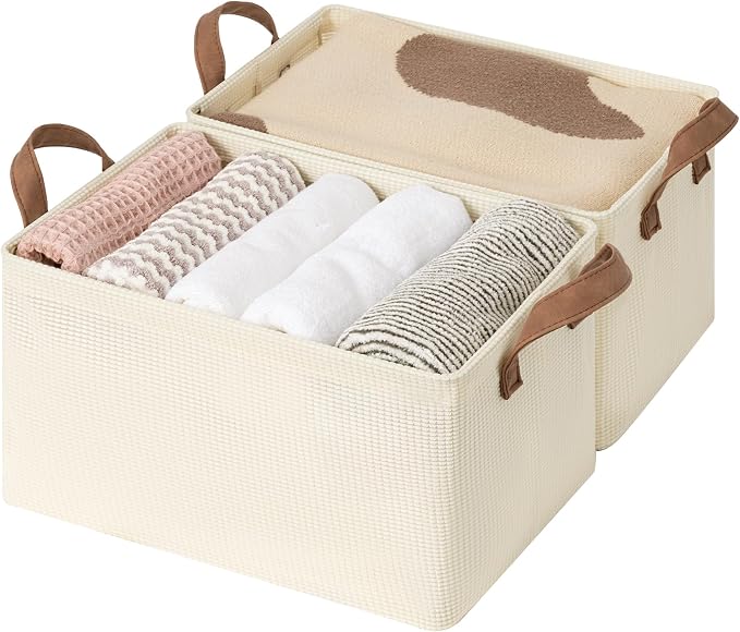 StorageWorks Closet Storage Bins, Shelves Baskets, Beige, 2-Pack | With Reinforced PU Handles, Sturdy Metal Frame, Collapsible, Basket for Shelves, Closet, Holds Clothes, Towels, Blankets